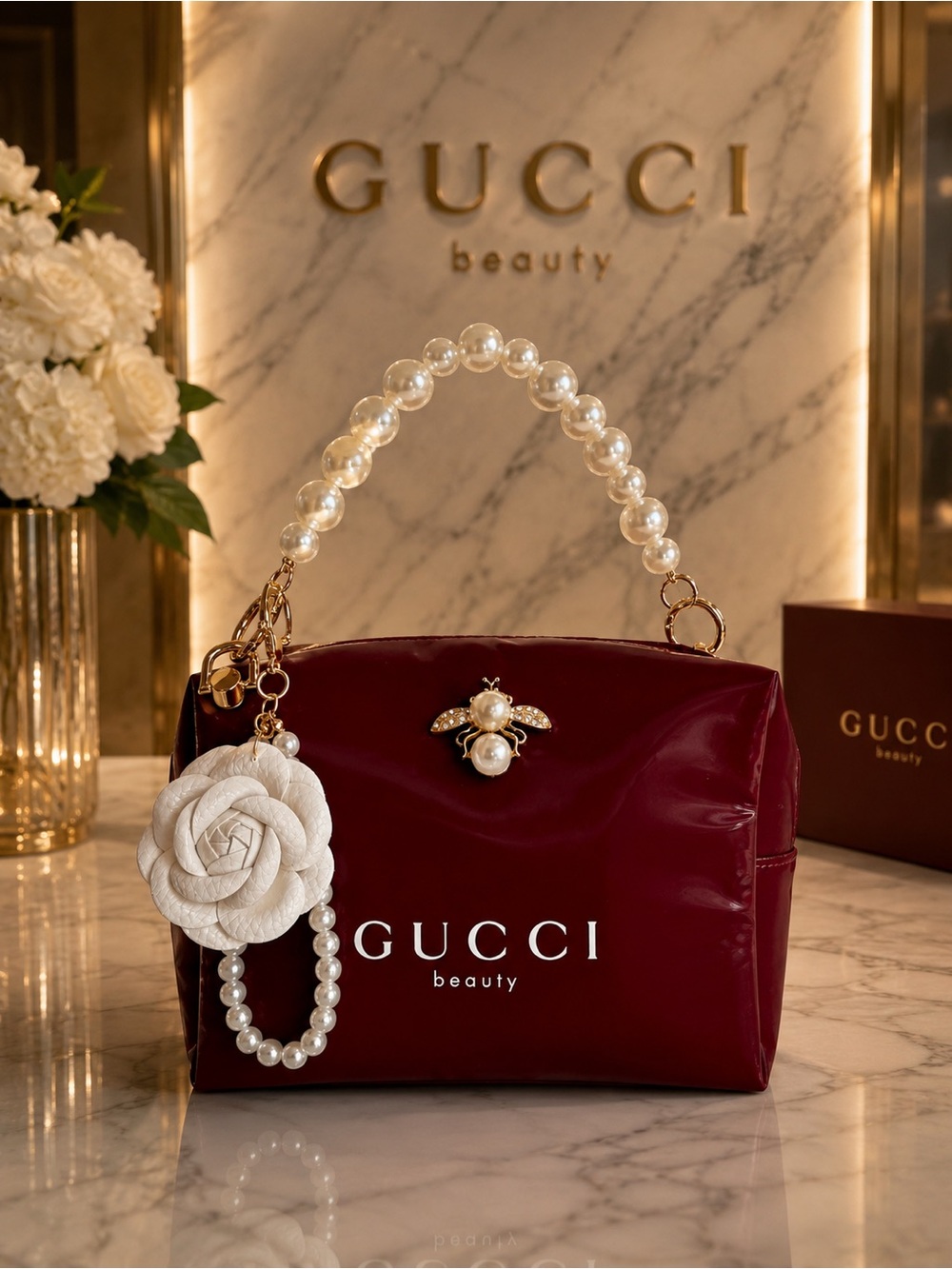 Gucci Burgundy Pearl-Handle Cosmetic Case with Bee Accent